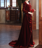 Ndyad A-line square neck velvet long sleeves long prom dress, Burgundy evening dress HZ1024