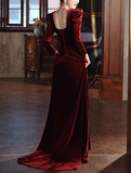 Ndyad A-line square neck velvet long sleeves long prom dress, Burgundy evening dress HZ1024