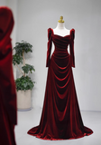 Ndyad A-line square neck velvet long sleeves long prom dress, Burgundy evening dress HZ1024