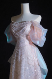 Ndyad Pink A-line off-shoulder tulle sequins beaded long prom dress, pink evening dress HZ1024