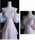 Ndyad Pink A-line off-shoulder tulle sequins beaded long prom dress, pink evening dress HZ1024