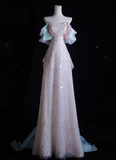 Ndyad Pink A-line off-shoulder tulle sequins beaded long prom dress, pink evening dress HZ1024