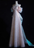 Ndyad Pink A-line off-shoulder tulle sequins beaded long prom dress, pink evening dress HZ1024