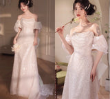 Ndyad Pink A-line off-shoulder tulle sequins beaded long prom dress, pink evening dress HZ1024
