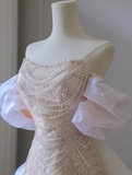 Ndyad Pink A-line off-shoulder tulle sequins beaded long prom dress, pink evening dress HZ1024