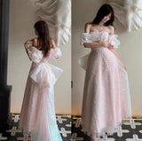 Ndyad Pink A-line off-shoulder tulle sequins beaded long prom dress, pink evening dress HZ1024