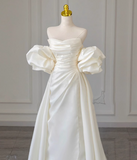 Evafashion A-line off-the-shoulder satin long prom dress, off-white long train dress HZ1024