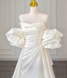 Evafashion A-line off-the-shoulder satin long prom dress, off-white long train dress HZ1024