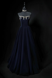 Ndyad A-line strapless velvet long prom dress, navy evening dress HZ1024