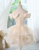 Evafashion A-line off-the-shoulder tulle lace short prom dress, champagne homecoming dress HZ1024