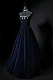 Ndyad A-line strapless velvet long prom dress, navy evening dress HZ1024