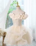 Evafashion A-line off-the-shoulder tulle lace short prom dress, champagne homecoming dress HZ1024