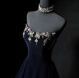 Ndyad A-line strapless velvet long prom dress, navy evening dress HZ1024
