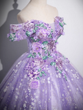 Evafashion A-Line Off Shoulder Tulle Lace Purple Long Prom Dress, Purple Long Formal Dress HZ1024