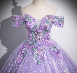 Evafashion A-Line Off Shoulder Tulle Lace Purple Long Prom Dress, Purple Long Formal Dress HZ1024