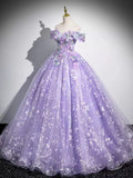 Evafashion A-Line Off Shoulder Tulle Lace Purple Long Prom Dress, Purple Long Formal Dress HZ1024