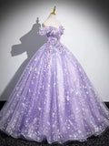 Evafashion A-Line Off Shoulder Tulle Lace Purple Long Prom Dress, Purple Long Formal Dress HZ1024