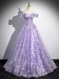 Evafashion A-Line Off Shoulder Tulle Lace Purple Long Prom Dress, Purple Long Formal Dress HZ1024