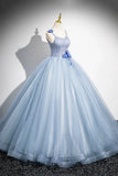 Ndyad A-Line Spaghetti Strap Tulle Floor Length Prom Dress, Pretty Evening Party Dress HZ1024
