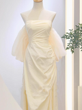 Ndyad A-line strapless satin long prom dress, apricot evening dress HZ1024