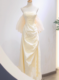 Ndyad A-line strapless satin long prom dress, apricot evening dress HZ1024