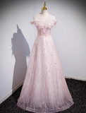 Evafashion A-line off-the-shoulder tulle lace sequined long prom dress, pink evening dress HZ1024