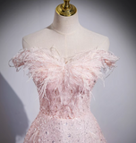 Evafashion A-line off-the-shoulder tulle lace sequined long prom dress, pink evening dress HZ1024