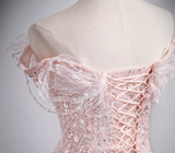 Evafashion A-line off-the-shoulder tulle lace sequined long prom dress, pink evening dress HZ1024