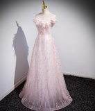 Evafashion A-line off-the-shoulder tulle lace sequined long prom dress, pink evening dress HZ1024