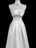 Ndyad A-line strapless satin long prom dress, white bridal dress HZ1024