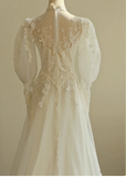 Ndyad A-line V-neck tulle lace long prom dress, White wedding dress with train HZ1024