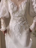 Ndyad A-line V-neck tulle lace long prom dress, White wedding dress with train HZ1024