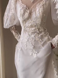 Ndyad A-line V-neck tulle lace long prom dress, White wedding dress with train HZ1024