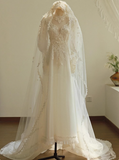 Ndyad A-line V-neck tulle lace long prom dress, White wedding dress with train HZ1024