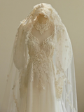 Ndyad A-line V-neck tulle lace long prom dress, White wedding dress with train HZ1024