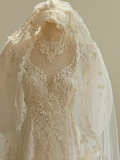 Ndyad A-line V-neck tulle lace long prom dress, White wedding dress with train HZ1024