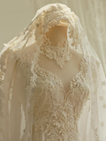 Ndyad A-line V-neck tulle lace long prom dress, White wedding dress with train HZ1024