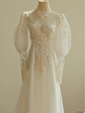 Ndyad A-line V-neck tulle lace long prom dress, White wedding dress with train HZ1024