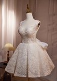 Ndyad A-line v-neck mesh lace beaded short prom dress, Off-white birthday dress HZ1024