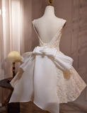 Ndyad A-line v-neck mesh lace beaded short prom dress, Off-white birthday dress HZ1024