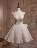 Ndyad A-line v-neck mesh lace beaded short prom dress, Off-white birthday dress HZ1024