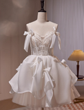Ndyad A-line spaghetti strap tulle lace short prom dress, Off-white homecoming dress birthday dresss HZ1024