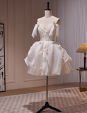 Ndyad A-line spaghetti strap tulle lace short prom dress, Off-white homecoming dress birthday dresss HZ1024