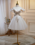 Evafashion A-line off-the-shoulder tulle sequin short prom dress, off-white homecoming dress birthday dress HZ1024
