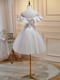 Evafashion A-line off-the-shoulder tulle sequin short prom dress, off-white homecoming dress birthday dress HZ1024