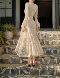 Ndyad Retro Apricot Lace Long Sleeve Knitted Dress Velvet Princess Dress HZ1024