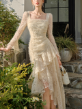 Ndyad Retro Apricot Lace Long Sleeve Knitted Dress Velvet Princess Dress HZ1024