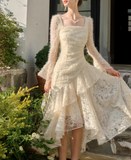Ndyad Retro Apricot Lace Long Sleeve Knitted Dress Velvet Princess Dress HZ1024