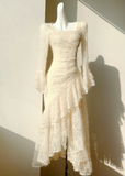 Ndyad Retro Apricot Lace Long Sleeve Knitted Dress Velvet Princess Dress HZ1024