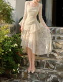 Ndyad Retro Apricot Lace Long Sleeve Knitted Dress Velvet Princess Dress HZ1024